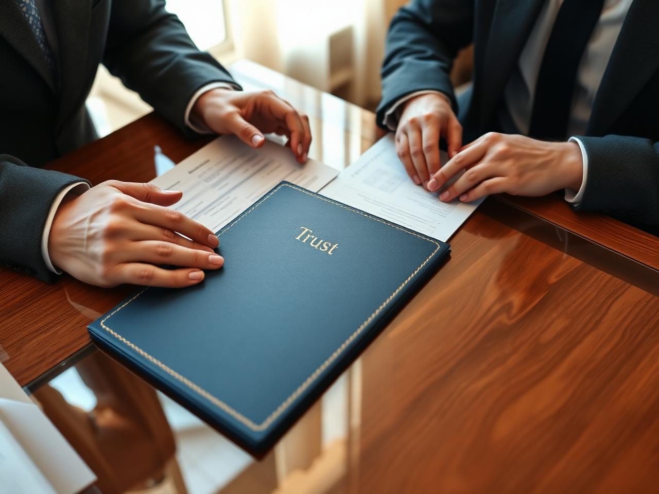 Advisor and client reviewing organized trust documents